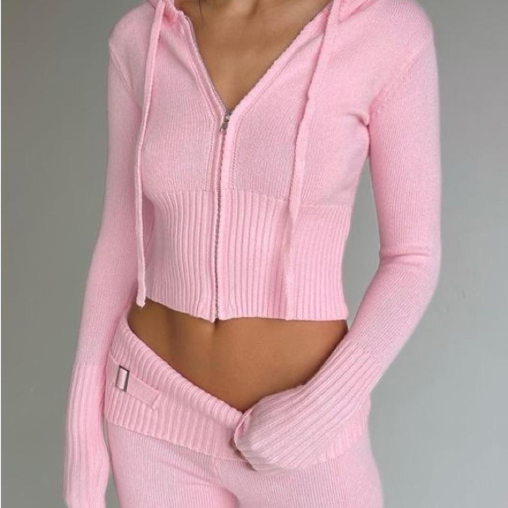 Pink Cropped Sweater and Flare Pants Knit Set